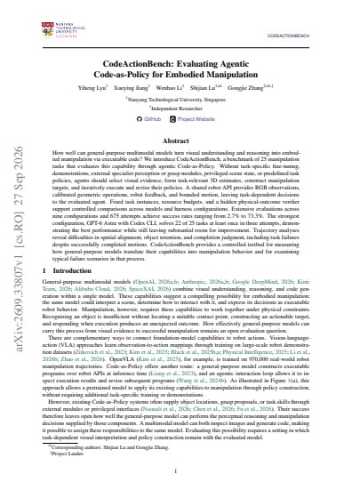 CodeActionBench: Evaluating Agentic Code-as-Policy for Embodied Manipulation — first page