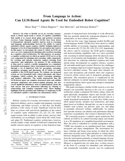 From Language to Action: Can LLM-Based Agents Be Used for Embodied Robot Cognition? — first page