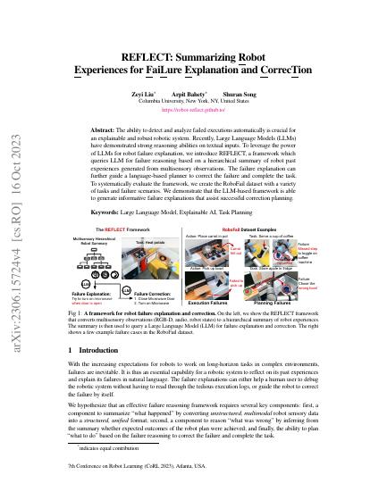 REFLECT: Summarizing Robot Experiences for Failure Explanation and Correction — first page