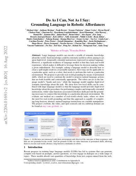 SayCan — Do As I Can, Not As I Say: Grounding Language in Robotic Affordances — first page