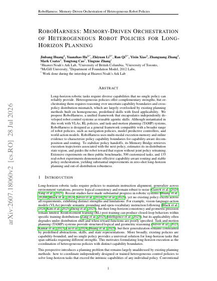 RoboHarness: Memory-Driven Orchestration of Heterogeneous Robot Policies for Long-Horizon Planning — first page