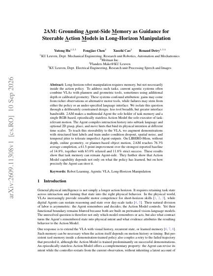 2AM: Grounding Agent-Side Memory as Guidance for Steerable Action Models in Long-Horizon Manipulation — first page