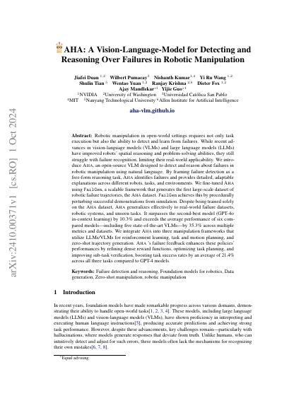 AHA: A Vision-Language-Model for Detecting and Reasoning Over Failures in Robotic Manipulation — first page