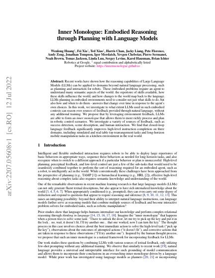 Inner Monologue: Embodied Reasoning through Planning with Language Models — first page