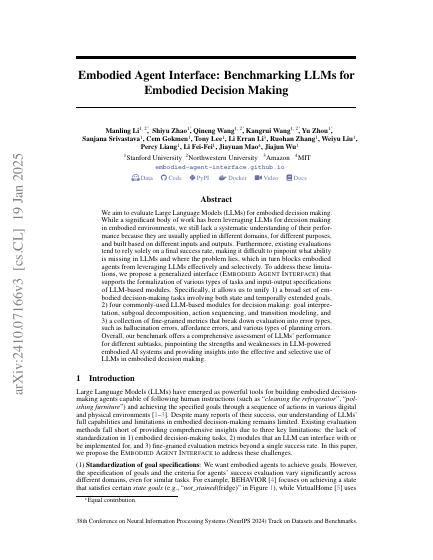Embodied Agent Interface: Benchmarking LLMs for Embodied Decision Making — first page