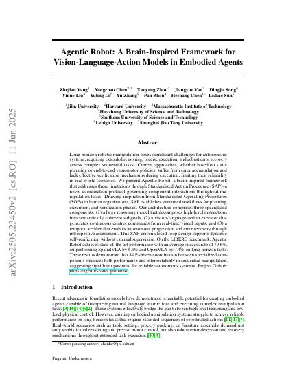 Agentic Robot: A Brain-Inspired Framework for Vision-Language-Action Models in Embodied Agents — first page