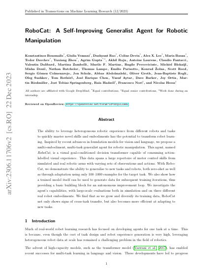RoboCat: A Self-Improving Generalist Agent for Robotic Manipulation — first page