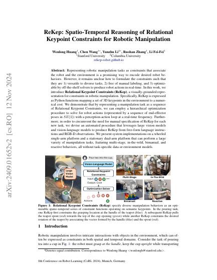 ReKep: Spatio-Temporal Reasoning of Relational Keypoint Constraints for Robotic Manipulation — first page