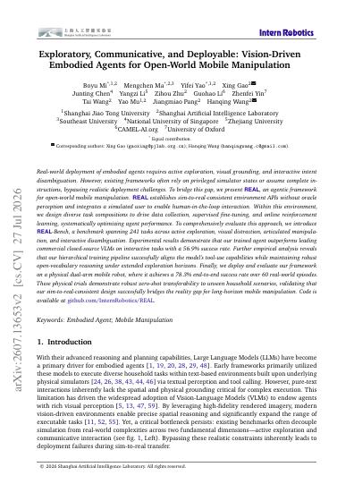 Exploratory, Communicative, and Deployable: Vision-Driven Embodied Agents for Open-World Mobile Manipulation (REAL) — first page