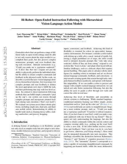 Hi Robot: Open-Ended Instruction Following with Hierarchical Vision-Language-Action Models — first page