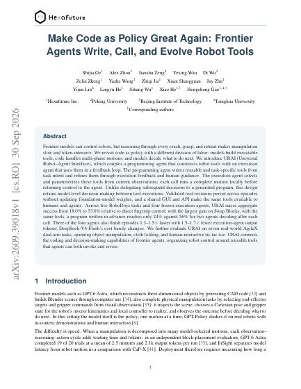 Make Code as Policy Great Again: Frontier Agents Write, Call, and Evolve Robot Tools — first page