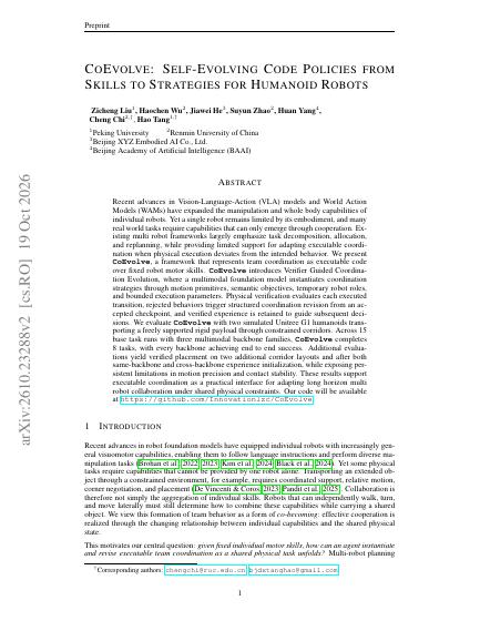 CoEvolve: Self-Evolving Code Policies from Skills to Strategies for Humanoid Robots — first page