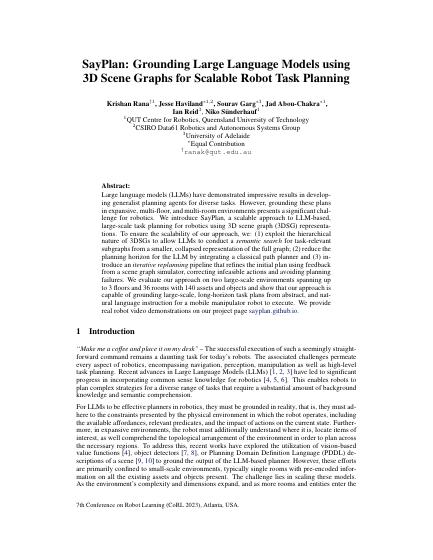 SayPlan: Grounding Large Language Models using 3D Scene Graphs for Scalable Robot Task Planning — first page
