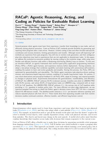 RACaP: Agentic Reasoning, Acting, and Coding as Policies for Evolvable Robot Learning — first page
