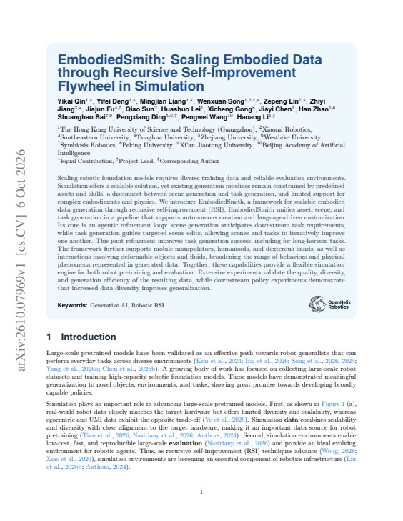 EmbodiedSmith: Scaling Embodied Data through Recursive Self-Improvement Flywheel in Simulation — first page