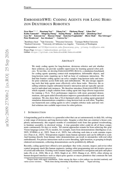 EmbodiedSWE: Coding Agents for Long Horizon Dexterous Robotics — first page