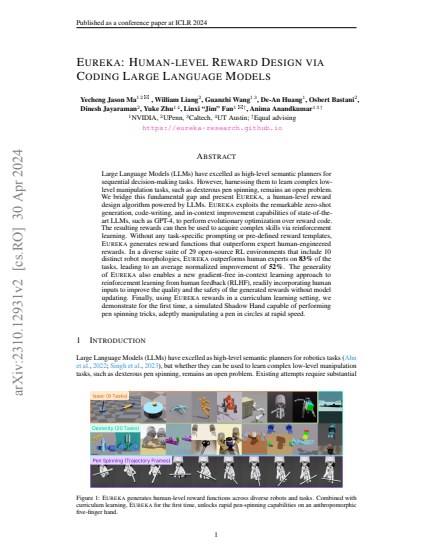 Eureka: Human-Level Reward Design via Coding Large Language Models — first page