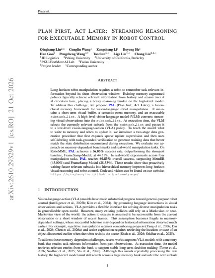 Plan First, Act Later: Streaming Reasoning for Executable Memory in Robot Control — first page