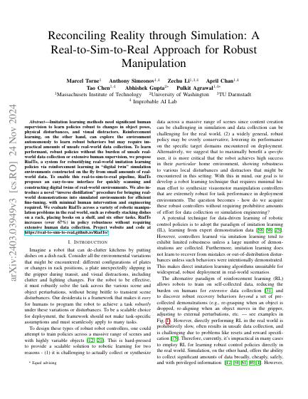 RialTo: Reconciling Reality through Simulation: A Real-to-Sim-to-Real Approach for Robust Manipulation — first page