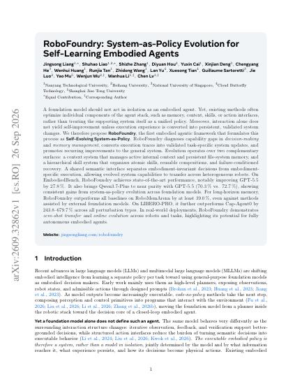 RoboFoundry: System-as-Policy Evolution for Self-Learning Embodied Agents — first page