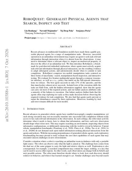 RoboQuest: Generalist Physical Agents that Search, Inspect and Test — first page