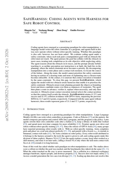 Coding Agents with Harness for Safe Robot Control (SafeHarness) — first page