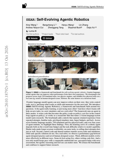 SEAR: Self-Evolving Agentic Robotics — first page