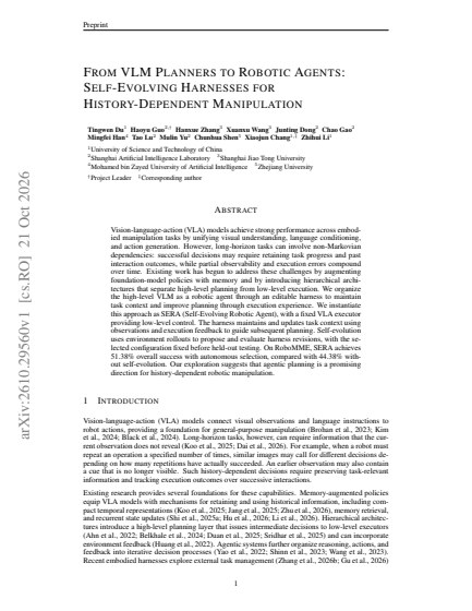 From VLM Planners to Robotic Agents: Self-Evolving Harnesses for History-Dependent Manipulation — first page
