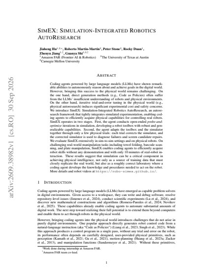 SimEX: Simulation-Integrated Robotics AutoResearch — first page