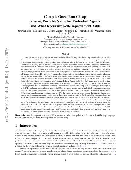 Compile Once, Run Cheap: Frozen, Portable Skills for Embodied Agents, and What Recursive Self-Improvement Adds — first page