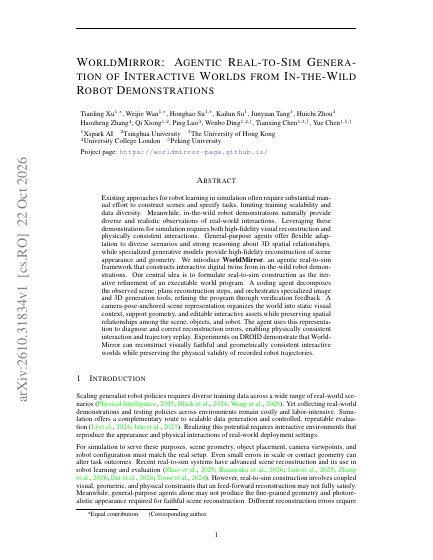 WorldMirror: Agentic Real-to-Sim Generation of Interactive Worlds from In-the-Wild Robot Demonstrations — first page