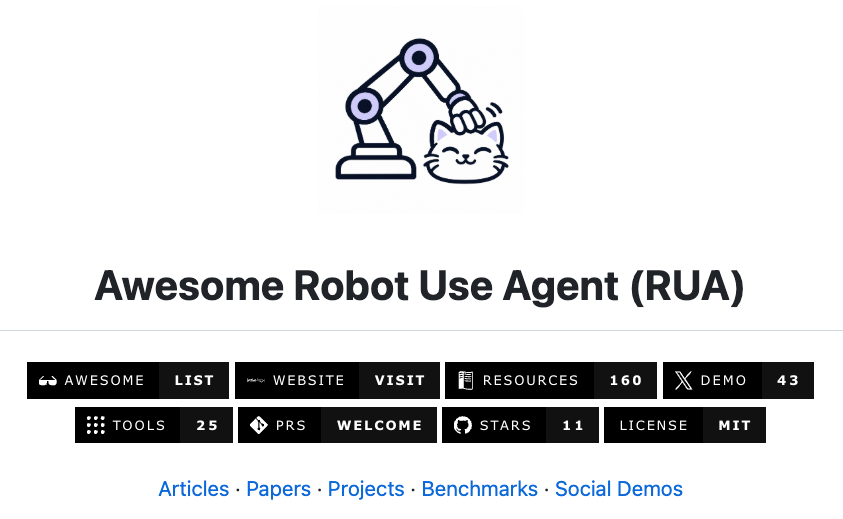 Awesome Robot Use Agent project preview: a robot arm petting a cat, with resource categories